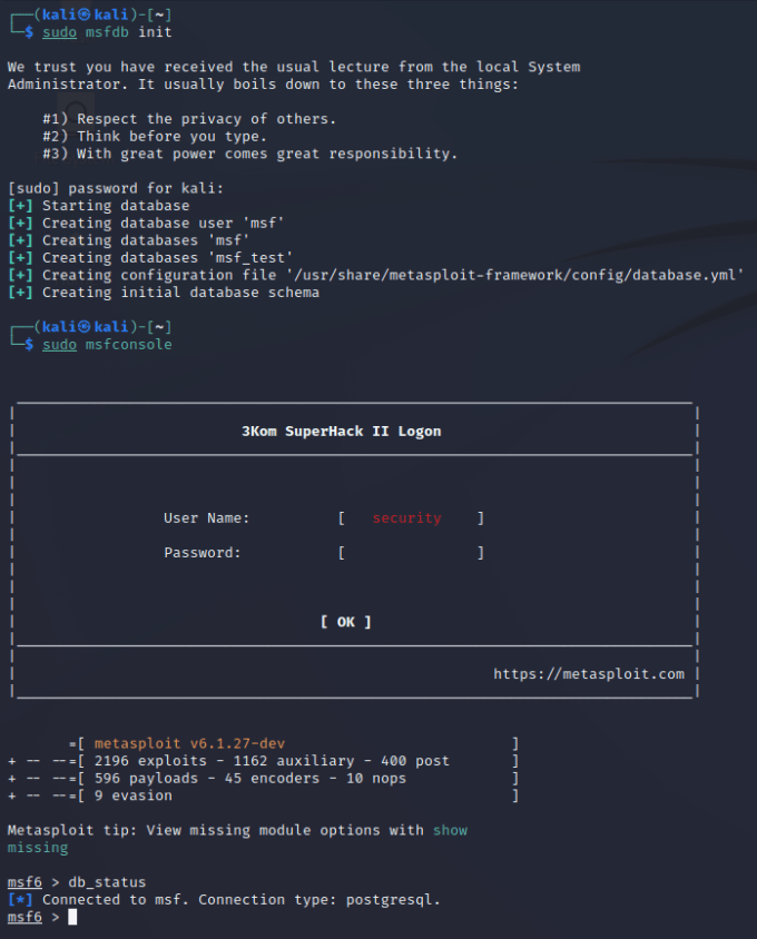 Metasploit — msfdb init